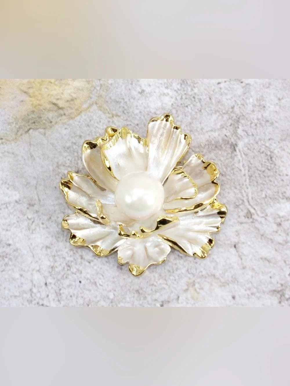 White Flower Brooch Pin with pearl center and gold trim. White floral fashion